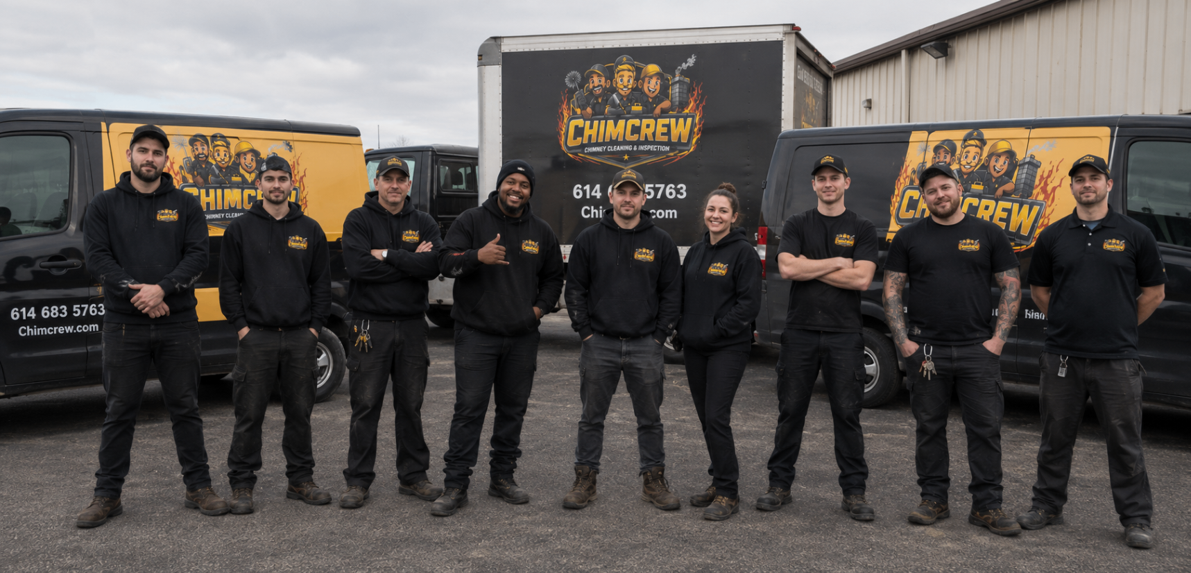The ChimCrew team in front of their branded service vehicles in Columbus, Ohio